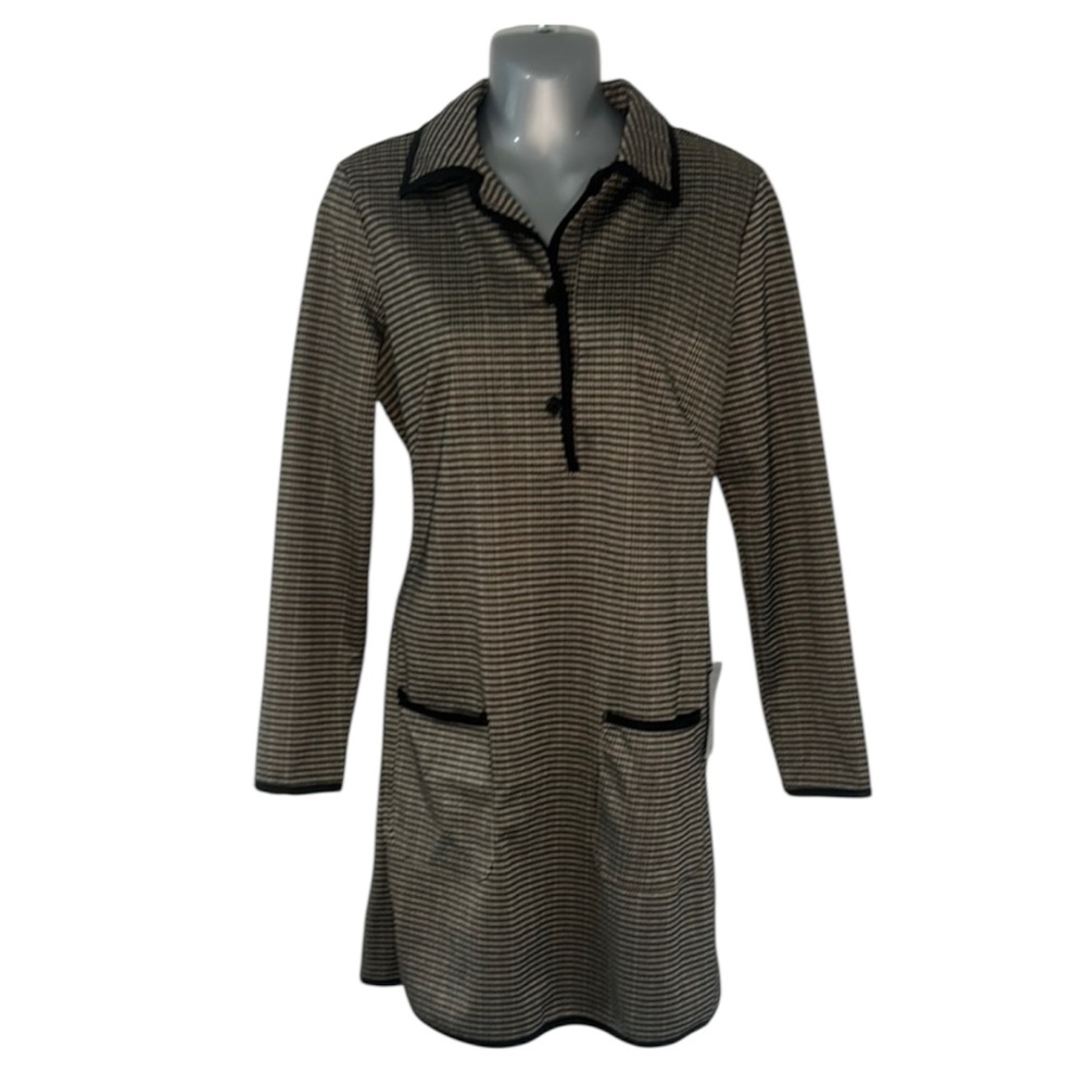 Dark Academia Taupe/Black Check Long Sleeve Polo Collar Dress NWT Medium